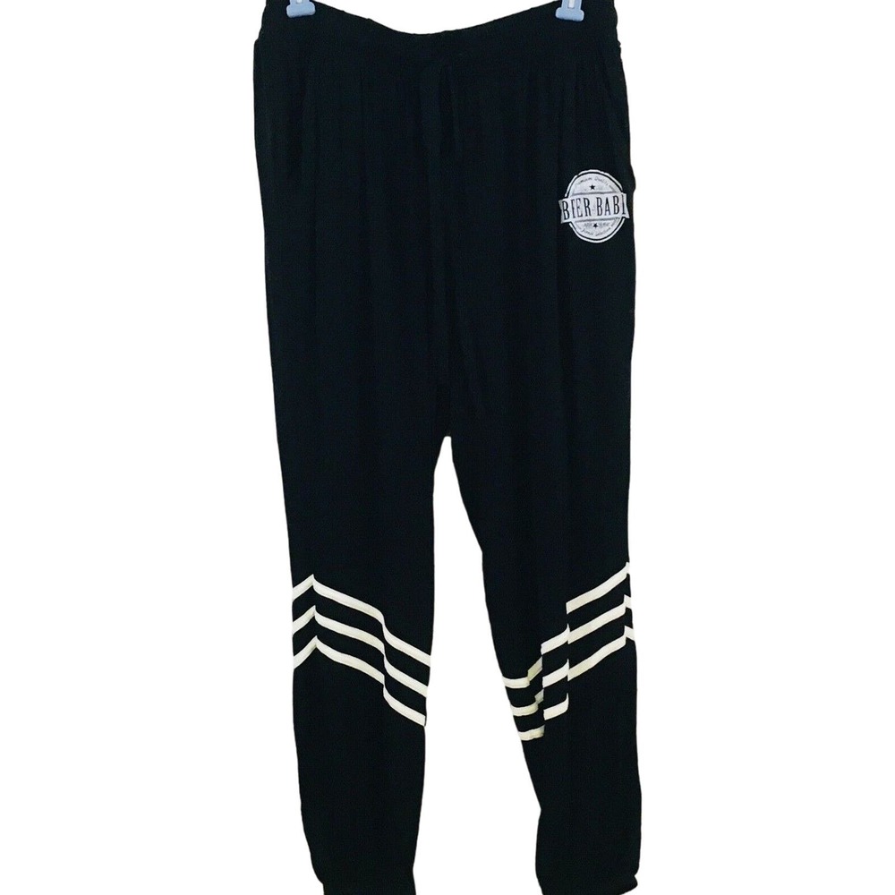 Womens L WanderLux Beer Babe‎ Graphic Sweatpants Black White Joggers Drawstring